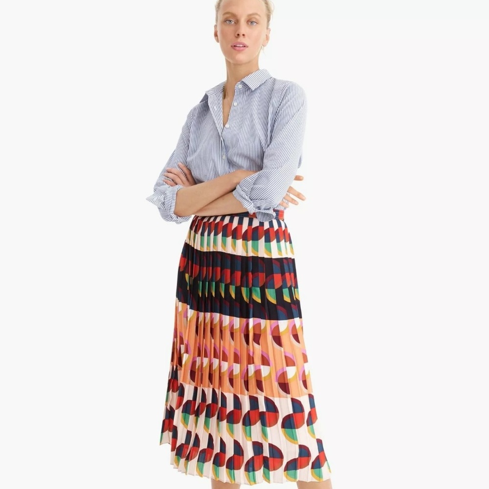 J.Crew 365 Pleated A-Line Midi in Dark Sea Cerise Art Deco Print Skirt